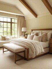 Serene Bedroom with Large Window and Wooden Beams