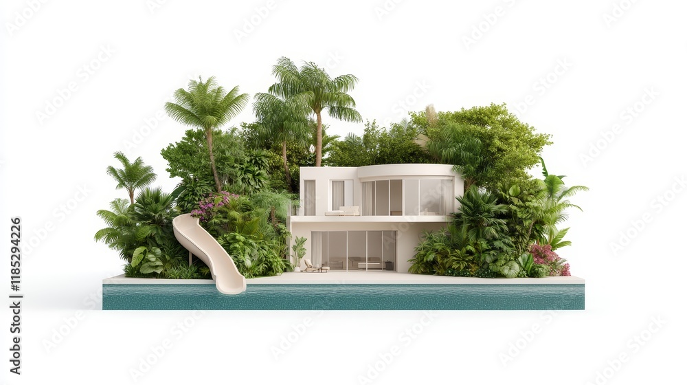 Poster modern tropical house surrounded by lush greenery with water slide features a sleek design and harmo