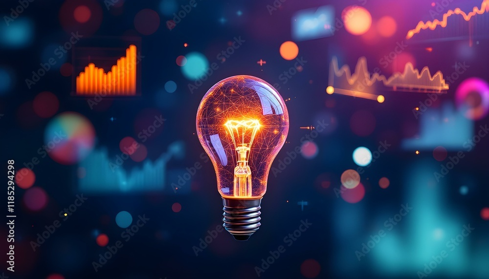 Poster illuminating insights: a glowing lightbulb amidst data visualization