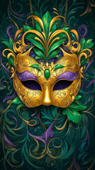 Golden Decorative Mask with Green and Purple Feathers, Embodying the Spirit of Mardi Gras Celebration