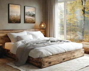 Serene Scandinavian Bedroom with Wooden Bed Soft White Bedding Grey Throw Nature Art