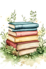 A stack of colorful books surrounded by greenery, symbolizing knowledge and nature.