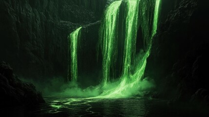 Enigmatic Green Waterfall Cascading Through Dark Cliffs A Surreal Night Scene