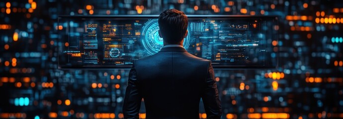 Digital Technology Blockchain Data Encryption Businessman AI Cloud Computing Database Management Cyberpunk Innovation