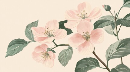Delicate pastel pink flowers and leaves on beige background.