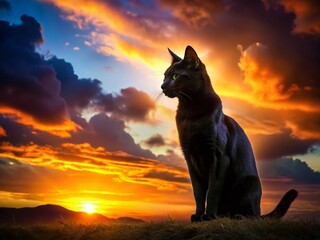 Majestic Black Cat Silhouette at Sunset - Copy Space for Text