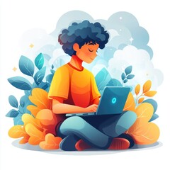 Cloud Storage Concept with Young Asian Man Using Laptop in Vibrant Cartoon Style Illustration