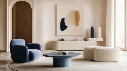 Minimalist living room, modern interior design, beige and blue color scheme, curved furniture, abstract wall art, warm lighting, wooden accents, cozy atmosphere, large windows, natural light, sleek co