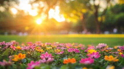 Obraz premium Vibrant Flowers in a Summer Garden at Sunset