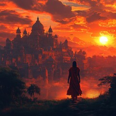 Warrior, Sunset, City, Silhouette, Classical Indian Art, Majestic Architecture, Dramatic Backlighting, Young Fighter, Indian Culture, Heritage, Tradition
