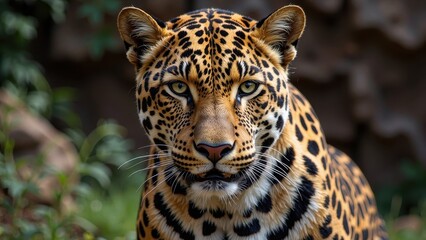 Obraz premium A piercing gaze from a majestic leopard's face, with bright green eyes locked onto the viewer amidst a softly blurred outdoor setting