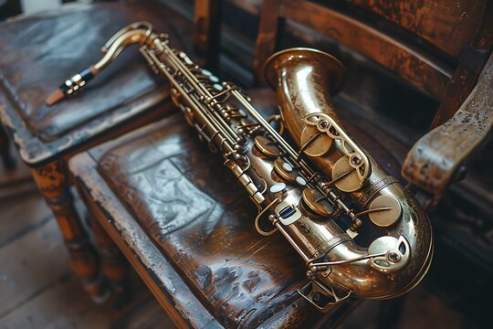 Vintage tenor saxophone rests on aged wooden chair.