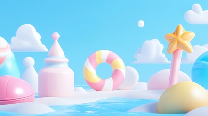 Pastel Tropical Beach with Palm Trees