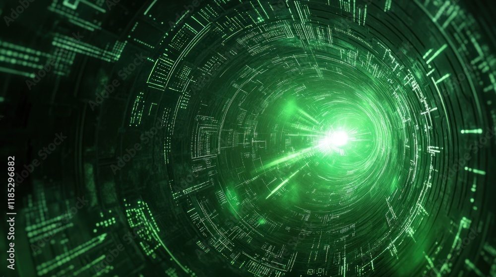 Poster digital tunnel of green light: abstract data stream visualization