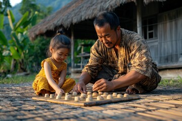 Asian father and daughter playing traditional game outdoors on bamboo mat