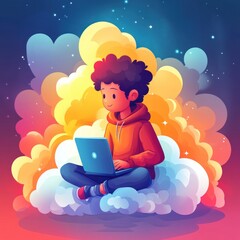 Young Man with Laptop in Cloud Storage and Data Server Concept Modern Digital Illustration
