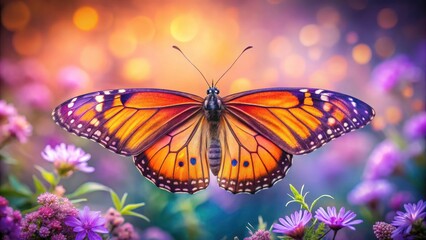 Obraz premium Vibrant Butterfly in Aerial View: A Stunning Display of Orange and Purple Wings Against a Soft Background, Symbolizing Beauty, Transformation, and Nature's Wonders