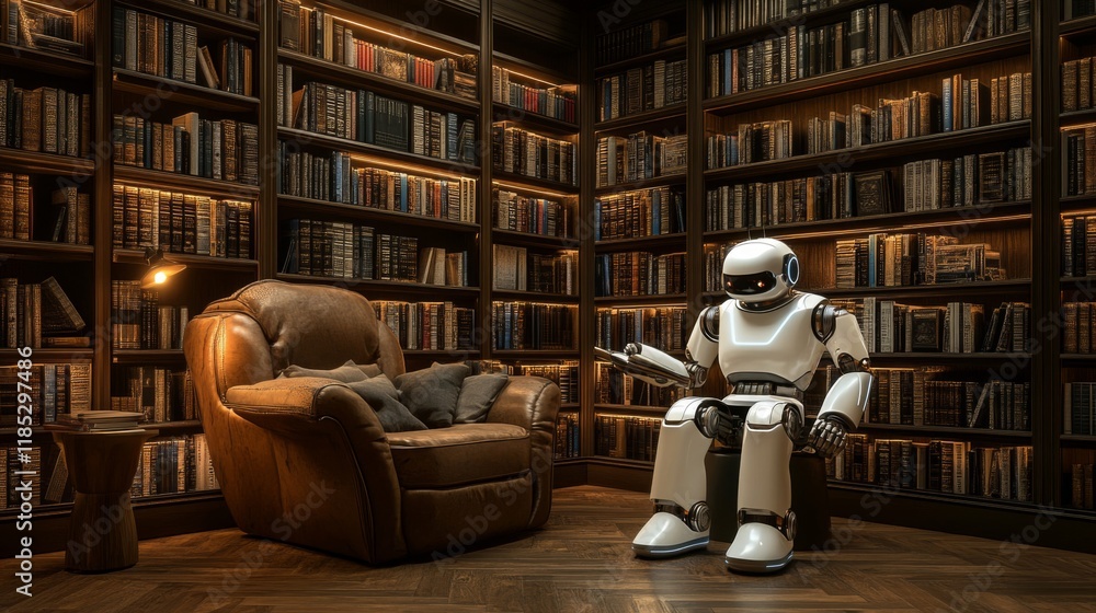 Poster robot in a grand library reading a book
