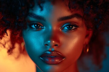 Obraz premium Short hairdo - curly hair. Commercial ad campaign pattern. Stunning calm black girl - for ads, marketing material and social media use. Black girl fashion icon. Woman with short hair.