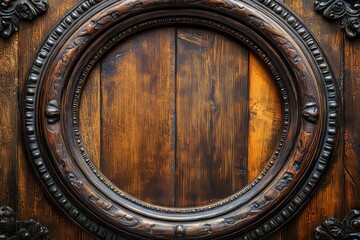 Obraz premium Round vintage wooden frame on rustic wooden background showing craftsmanship