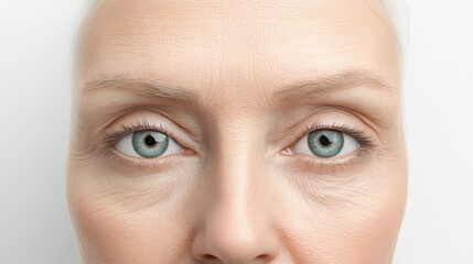Fototapeta premium Close-Up of a Woman's Face with Clear Blue Eyes Reflecting Emotion and Depth, Showcasing Natural Skin Texture and Subtle Aging Features in a Minimalist Style