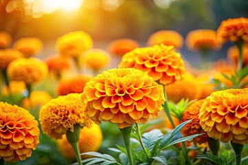 Vibrant marigold blooms create a lush, healthy floral backdrop, perfect for photography.