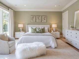 Serene Green Bedroom With White Furniture And Fluffy Ottoman