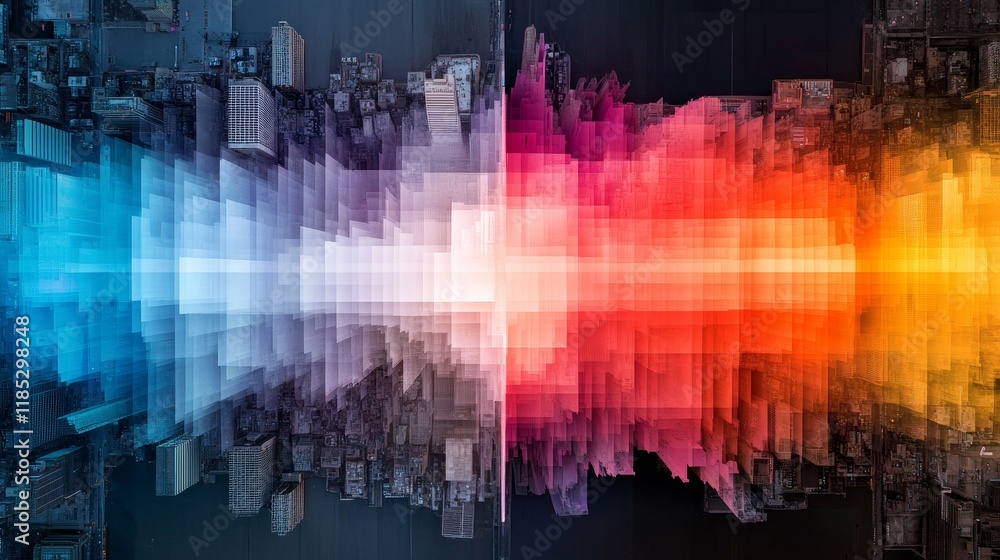 Poster abstract visualization of sound waves represented over an aerial view of a city landscape in vibrant