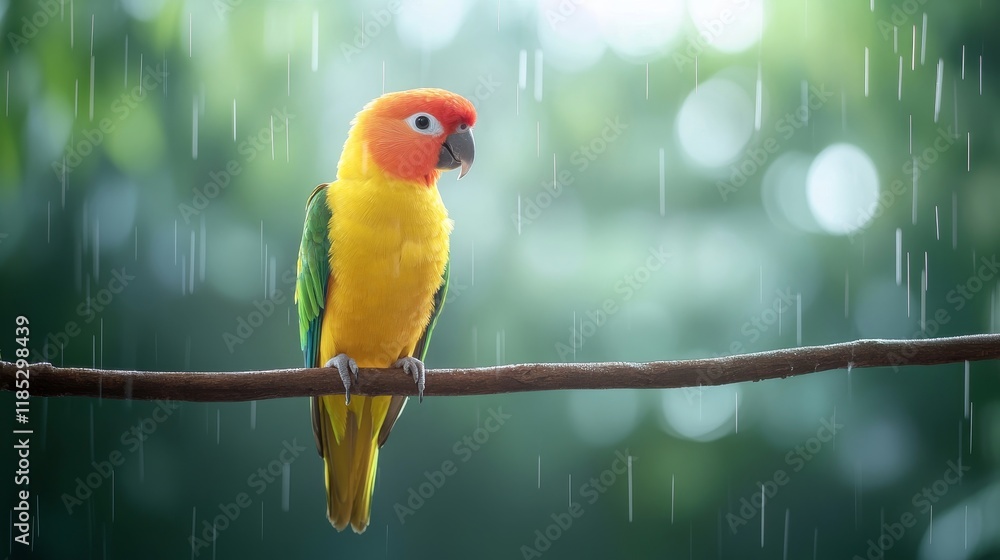 Aufkleber vibrant parrot perched on a branch amidst a rainy backdrop with soft bokeh and lush greenery creatin