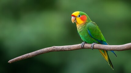Obraz premium Colorful Parrot Sitting on Branch Against Blurred Green Background, Capturing Nature's Beauty and Vibrant Wildlife in a Serene Habitat for Nature Enthusiasts