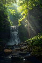 Majestic Waterfall Cascading Over Rugged Cliff with Lush Foliage and Tranquil Pool, Sunlight Penetrates Through Treetops Creating a Serene Natural Scene