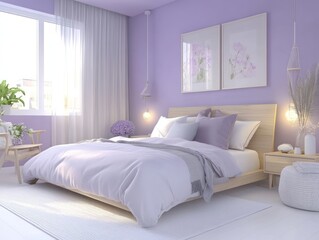 Fototapeta premium Serene Lavender Bedroom Design With Modern Wooden Furniture