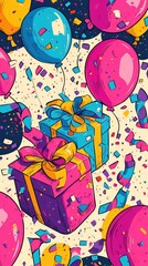 Colorful Balloons Gifts and Confetti Celebrate a Festive Occasion