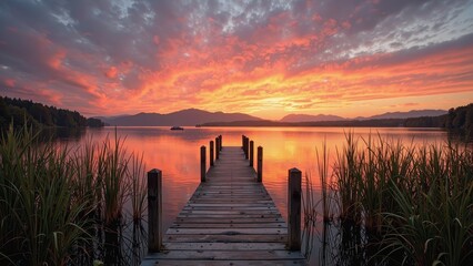 Obraz premium A serene lakeside scene with a weathered wooden pier stretching into crystal-clear waters, its sturdy vertical beams supporting the horizontal planks in a natural harmony