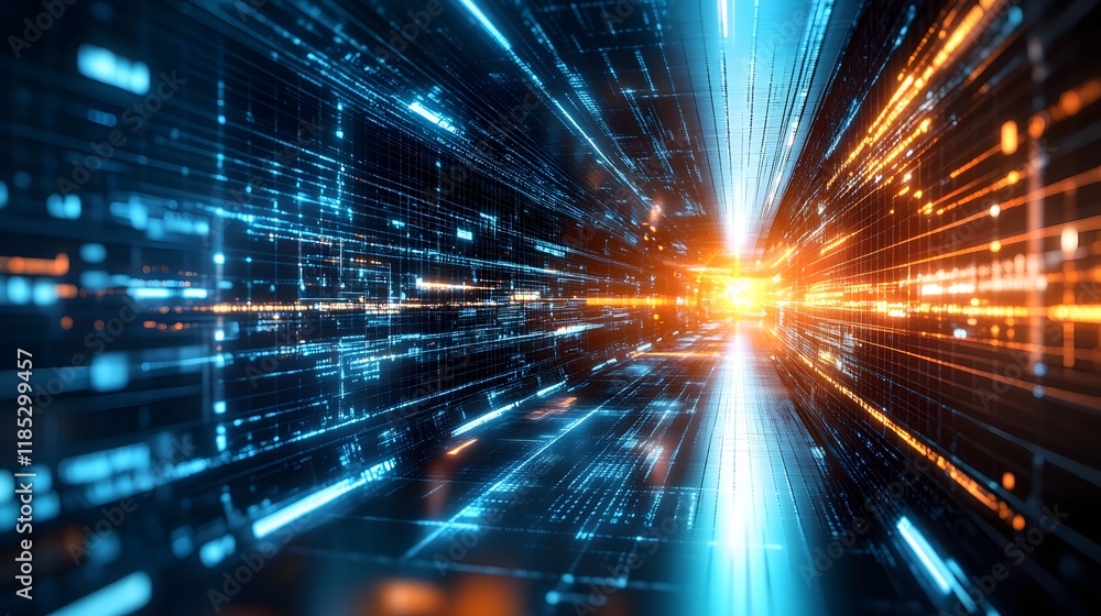 Poster futuristic digital data stream tunnel visualization