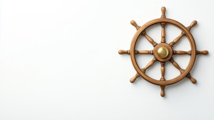 Obraz premium Classic Wooden Ship's Steering Wheel Against a Light Background, Symbolizing Nautical Adventures and Maritime Heritage for Travel and Decor Inspiration