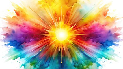 Whimsical watercolor sunburst, a fantasy abstract painting in vibrant, colorful hues.
