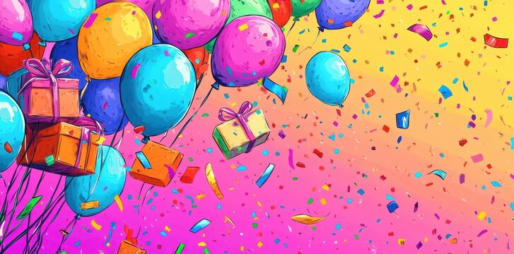 Colorful Balloons Gifts and Confetti Celebrate Joyfully