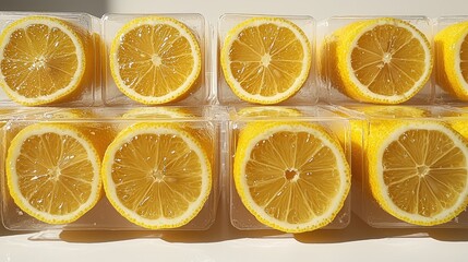 Obraz premium Sunlit Lemons: A Vibrant Still Life of Freshly Sliced Citrus Fruits in Clear Packaging, Close-Up Photography