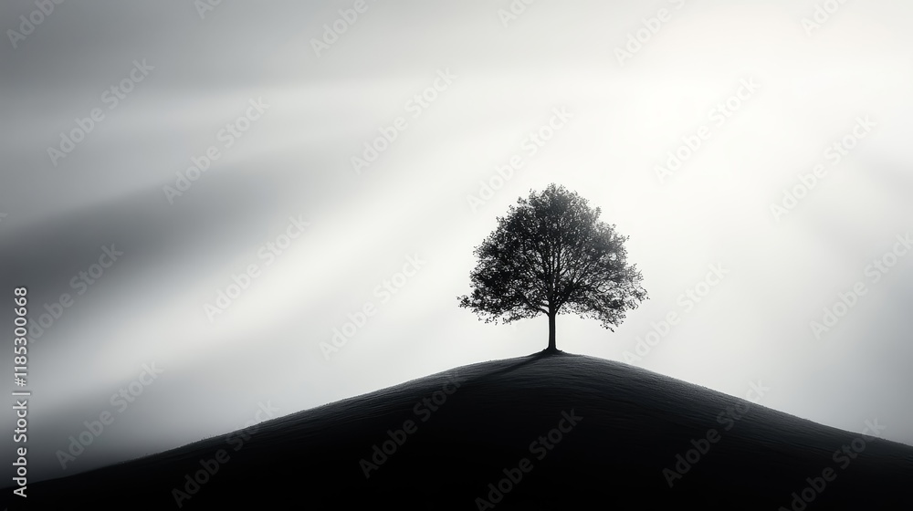 Poster Solitary tree on a hilltop surrounded by soft gray clouds and rays of light creating a serene and peaceful atmosphere in monochrome tones