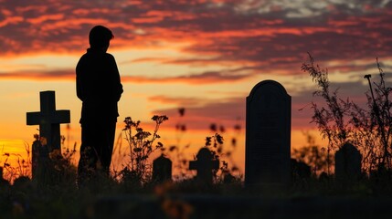 Fototapeta premium A silhouette of a person in a solitary moment praying in front of a tombstone. Silhouette of a person in a moment of pain and longing at sunset on a tombstone.