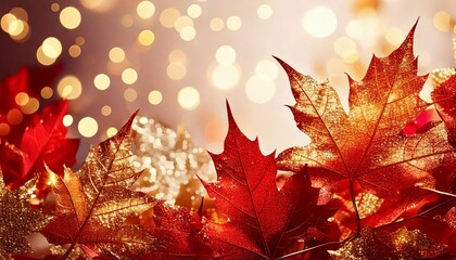 Red and gold leaves on background with soft gold lights