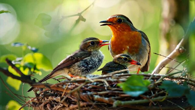 Nesting Birds Feeding Chicks in Lush Green Outdoor Setting Serene Spring Scene of Nature and Wildlife Showcasing Parent Young Bond