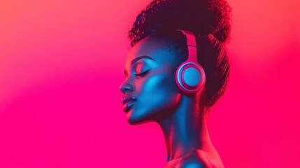Serene Black Woman Listening to Music in Pink Neon Light