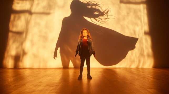 Little Girl and Superhero Shadow, Warm Sunset Light, Hopeful, Room