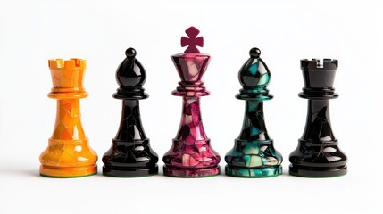 Colorful chess pieces arranged in a row, showcasing intricate designs and vibrant hues against a white background.