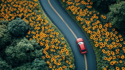 Red Car Driving on Winding Road Through Sunflower Fields