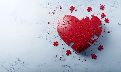Broken red heart puzzle pieces on a light background.