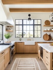 Modern Farmhouse Kitchen With Light Wood Cabinets And Large Window