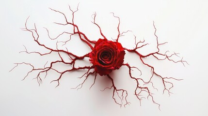 A striking red rose intertwined with delicate, branching structures, creating a visually captivating and artistic representation of beauty and nature.